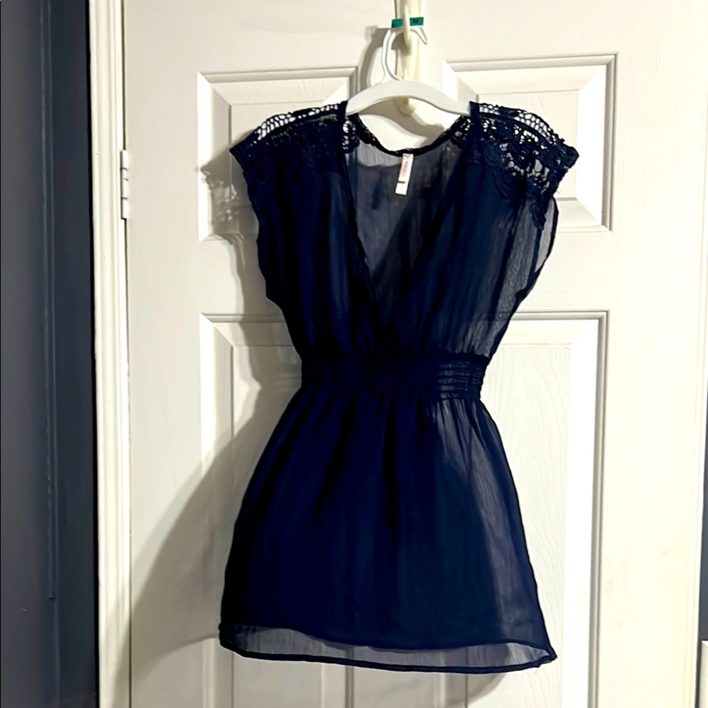 Xhilaration Sheer Blue Asymmetrical Ruched Cap Sleeve Cover Up Blouse